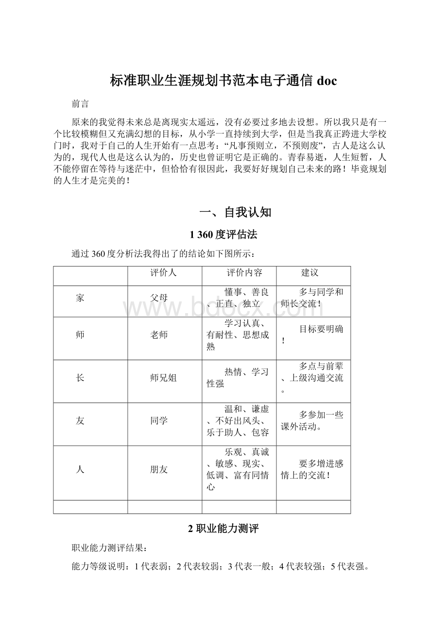 标准职业生涯规划书范本电子通信docWord文档下载推荐.docx