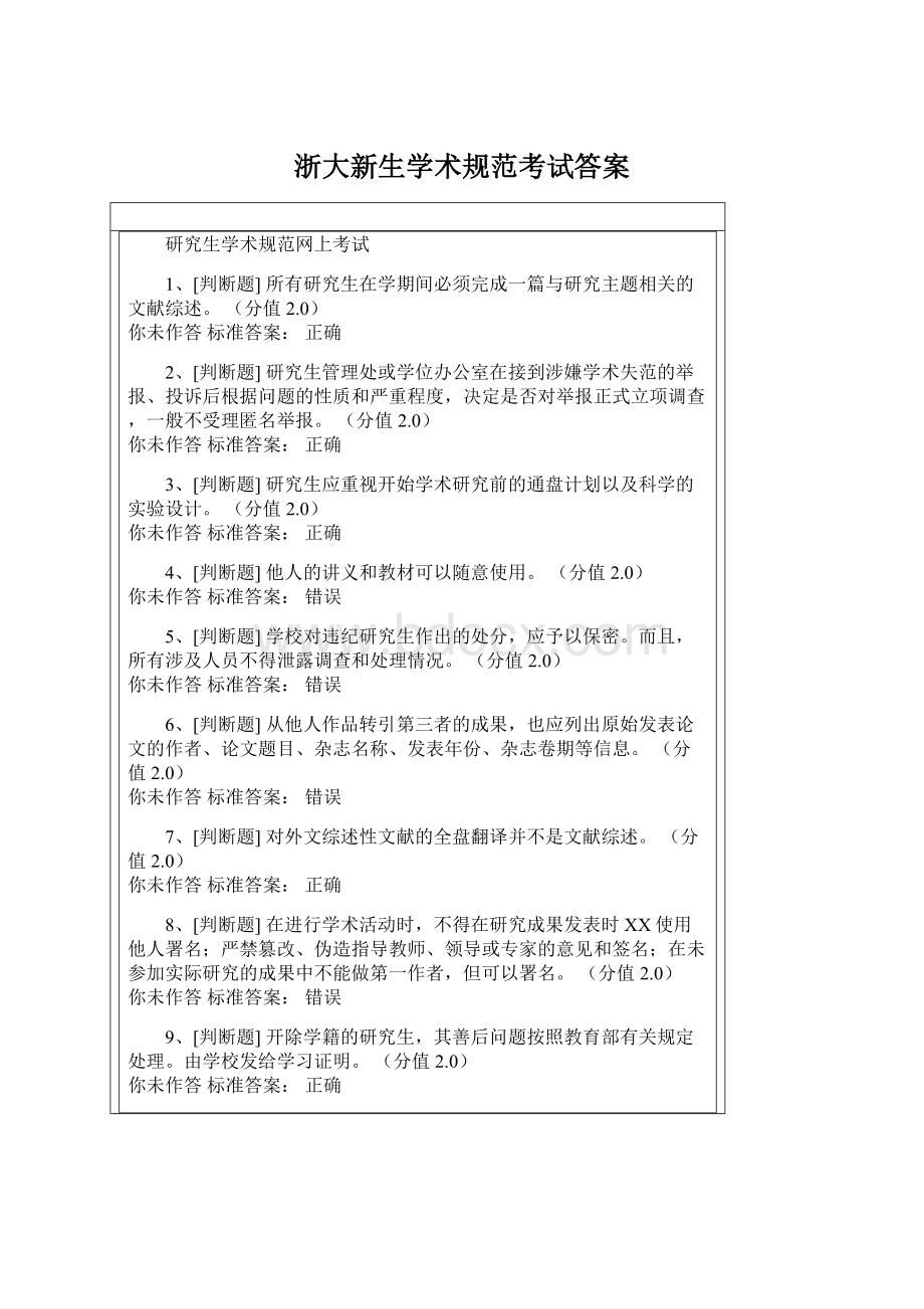 浙大新生学术规范考试答案.docx