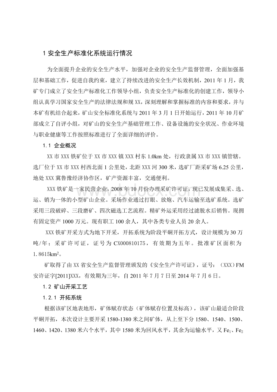 XXXX铁矿安全生产标准化自评报告2安全生产标准化系统运行情况Word格式文档下载.doc_第1页