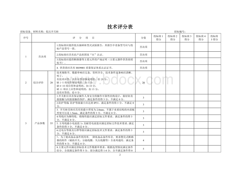 低压开关柜技术评分表Word下载.doc