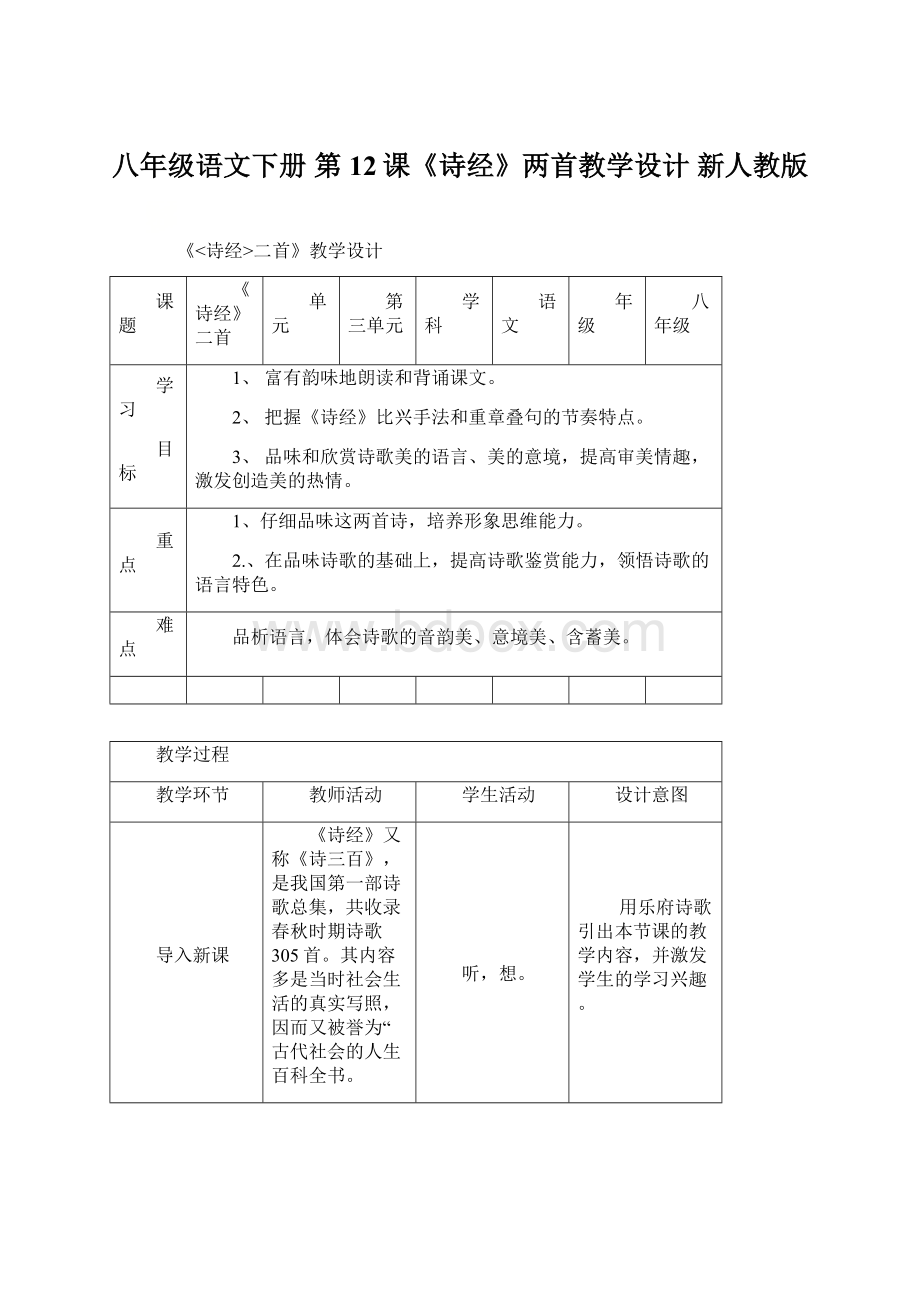 八年级语文下册 第12课《诗经》两首教学设计 新人教版.docx