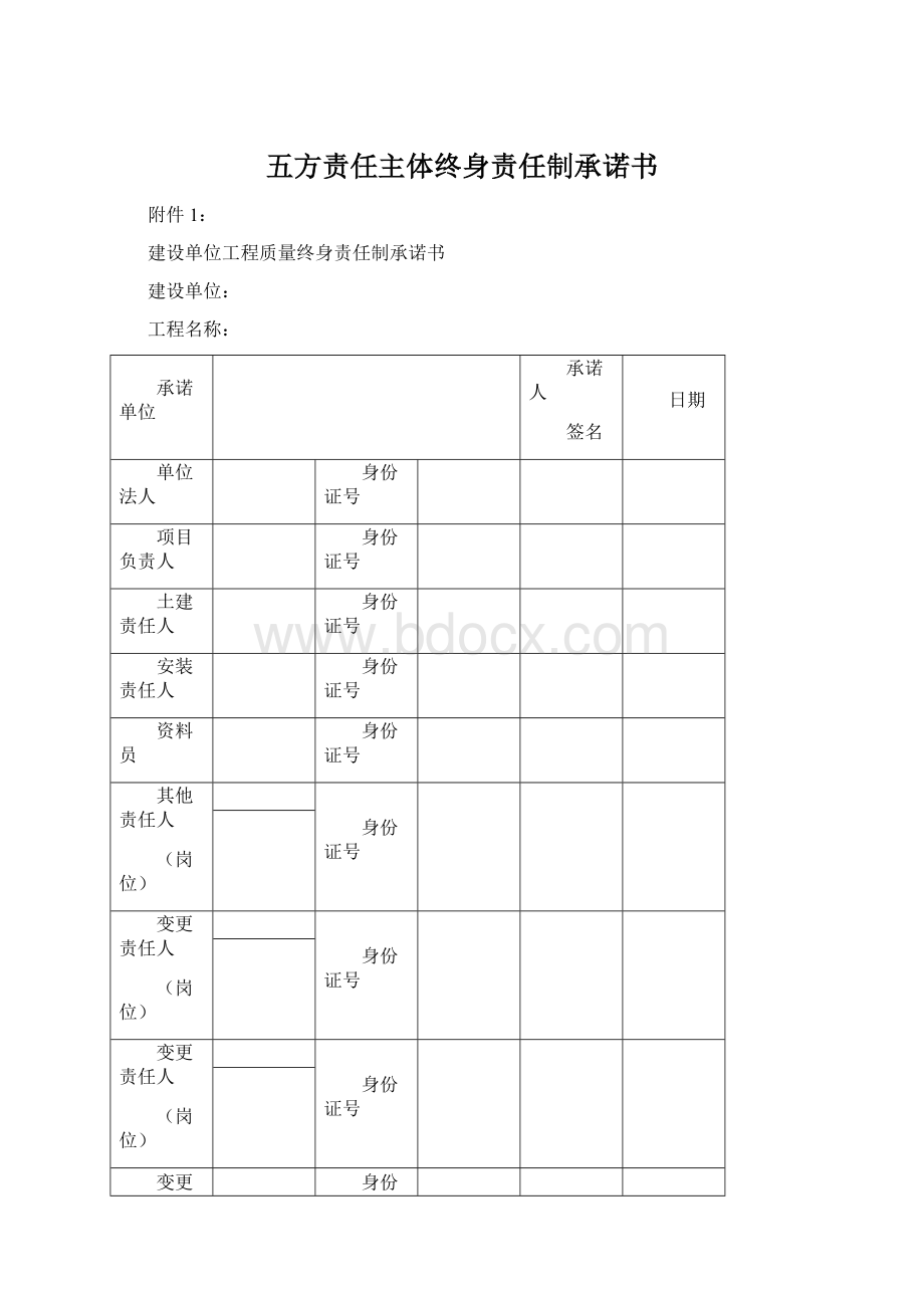 五方责任主体终身责任制承诺书Word格式.docx