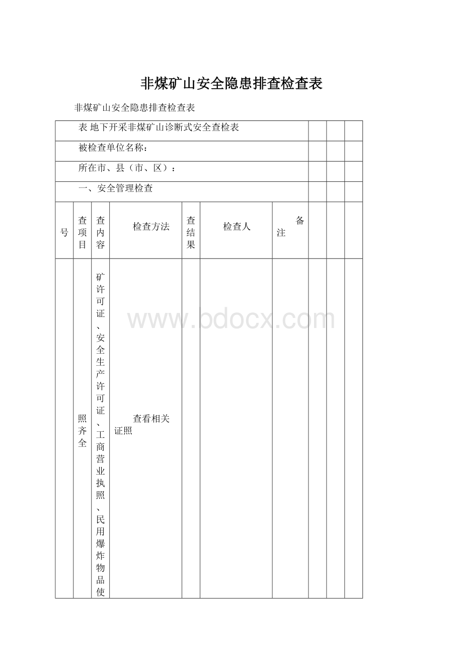 非煤矿山安全隐患排查检查表Word文档格式.docx