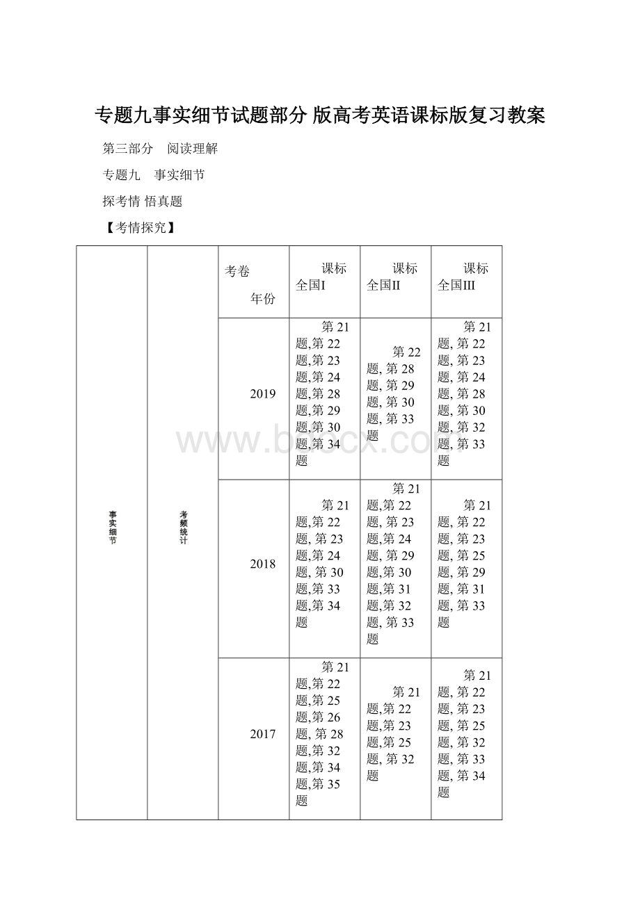 专题九事实细节试题部分 版高考英语课标版复习教案Word文件下载.docx