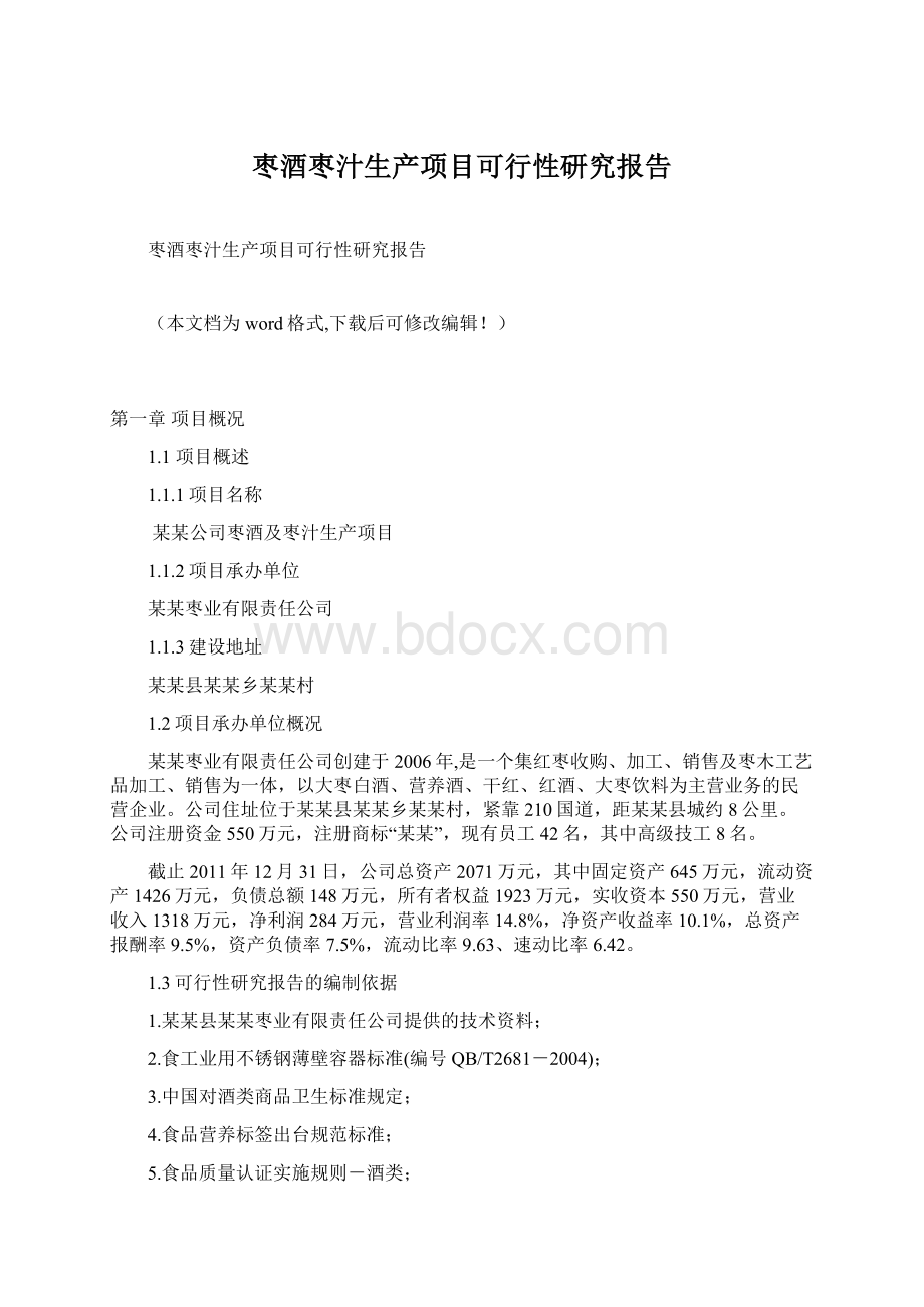 枣酒枣汁生产项目可行性研究报告文档格式.docx
