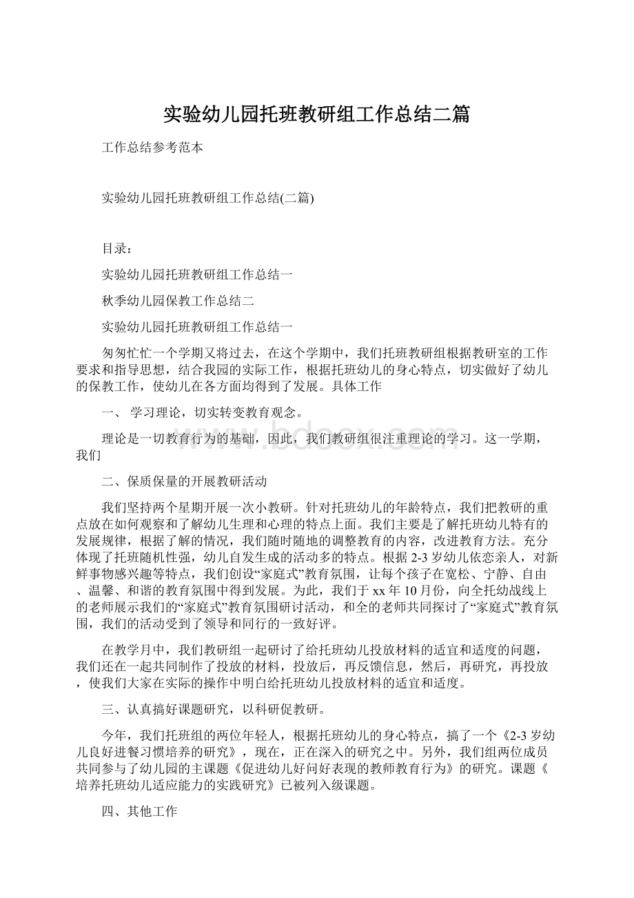 实验幼儿园托班教研组工作总结二篇.docx