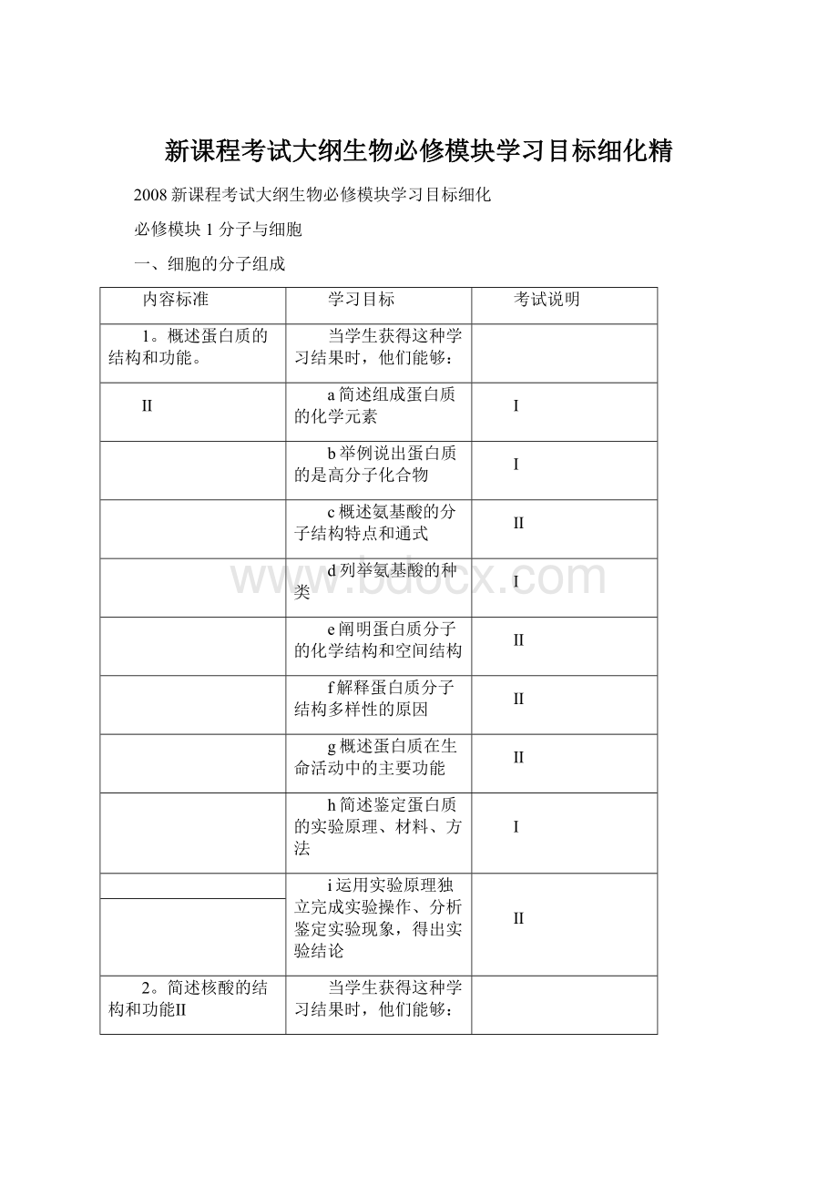 新课程考试大纲生物必修模块学习目标细化精Word格式.docx_第1页