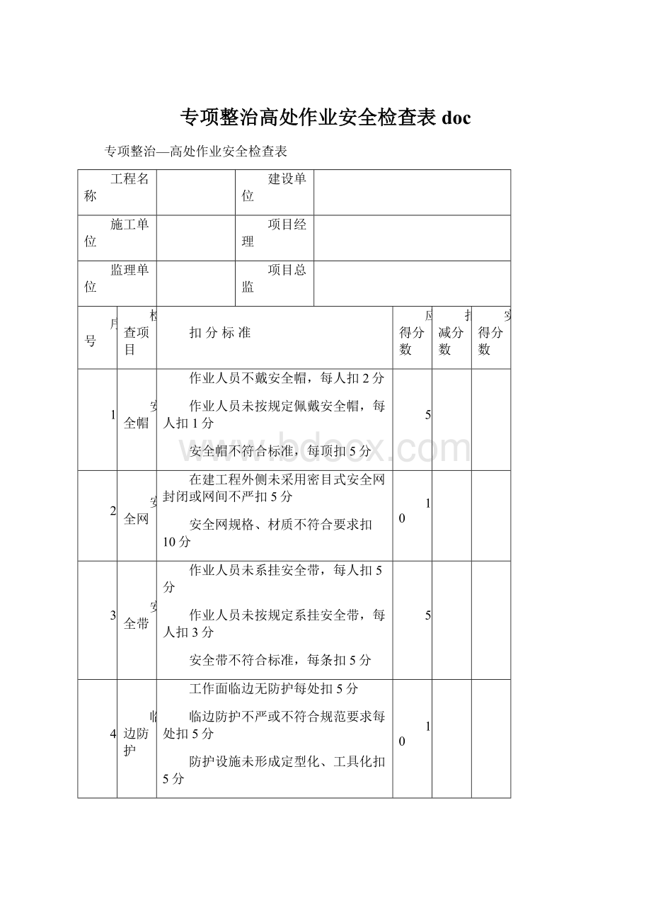 专项整治高处作业安全检查表docWord文件下载.docx