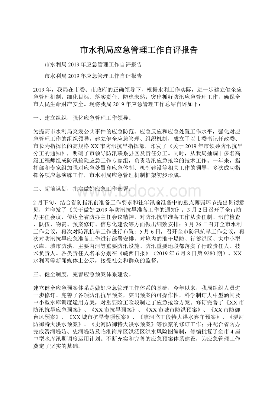 市水利局应急管理工作自评报告Word格式.docx_第1页