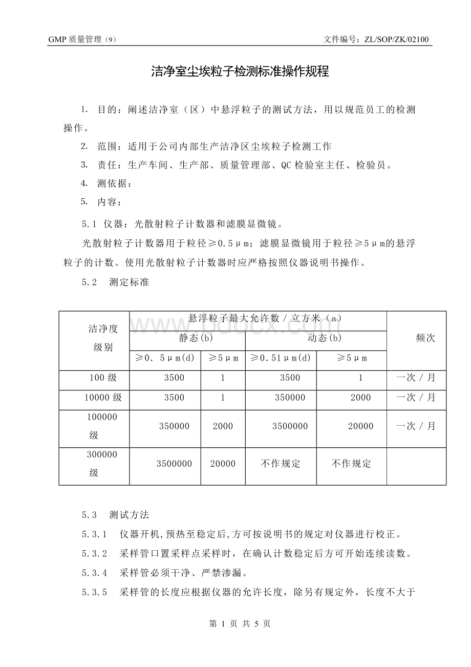 无尘洁净室尘埃粒子检测标准操作规程Word下载.doc_第1页