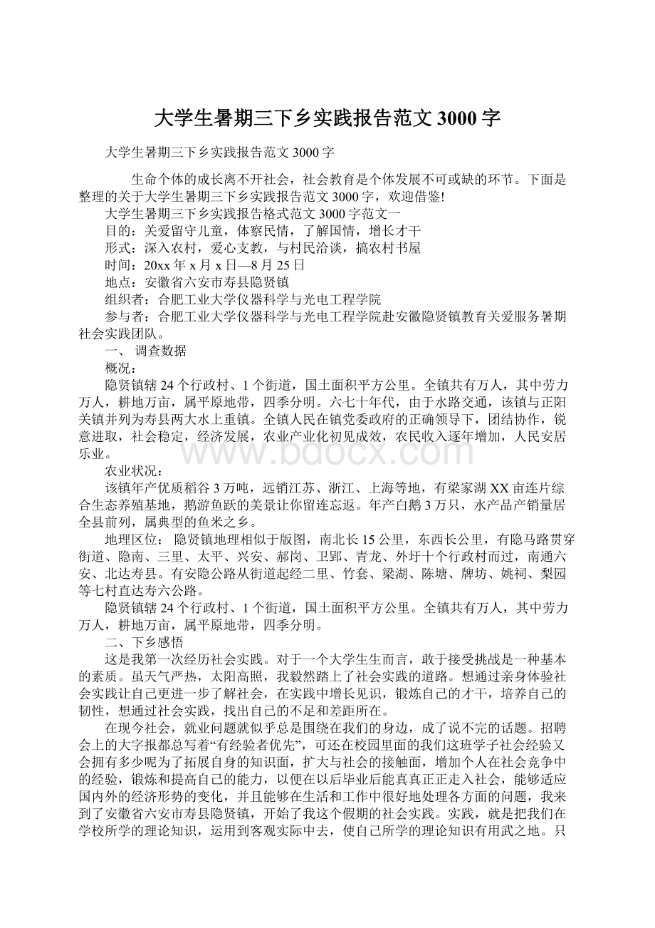 大学生暑期三下乡实践报告范文3000字Word文件下载.docx_第1页