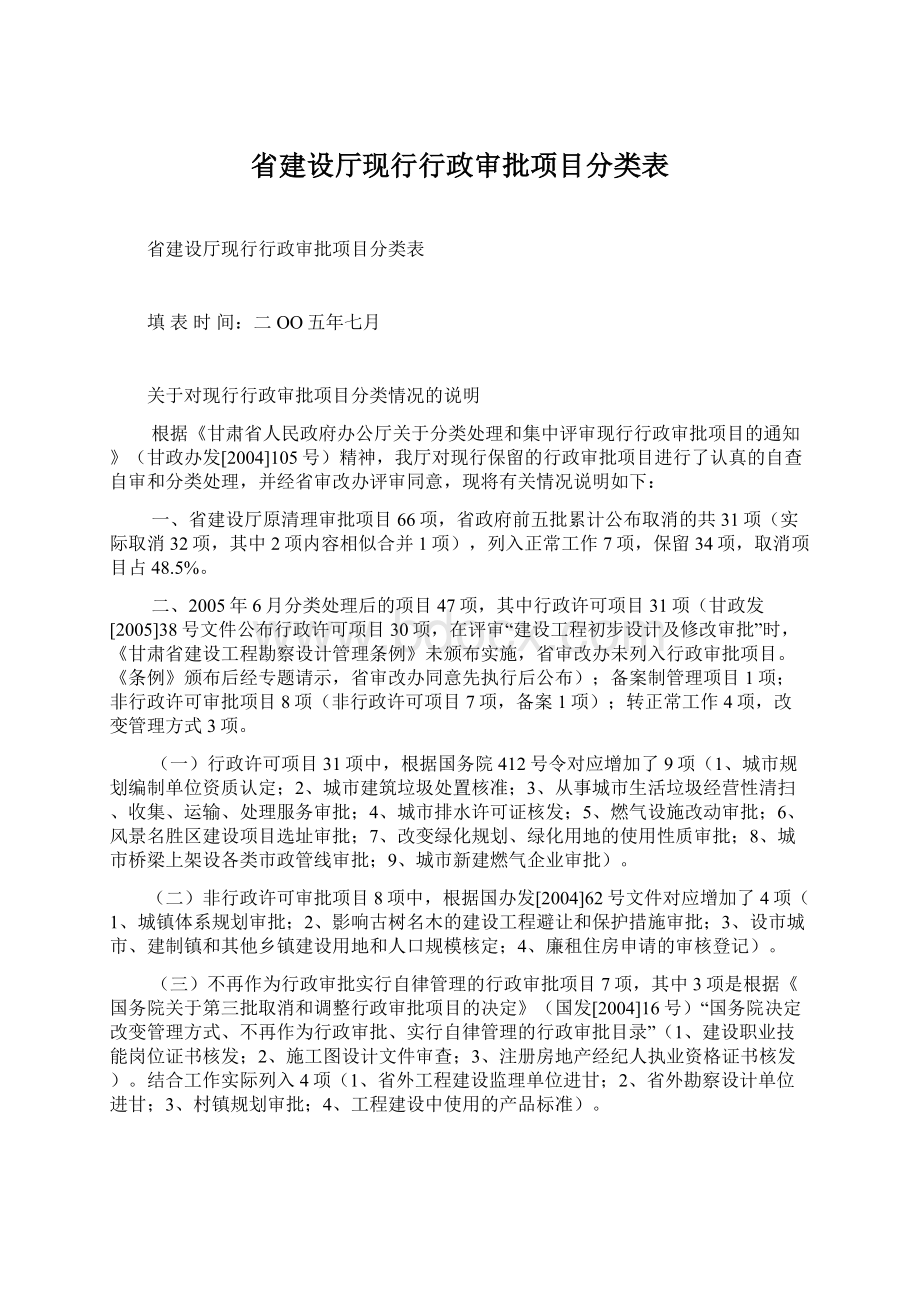 省建设厅现行行政审批项目分类表.docx_第1页