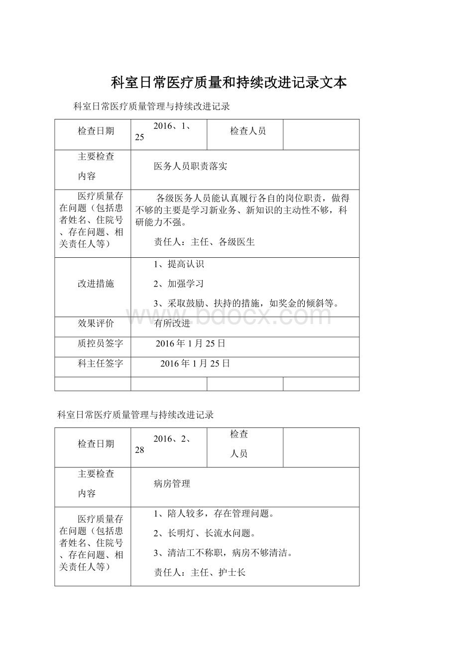 科室日常医疗质量和持续改进记录文本.docx_第1页