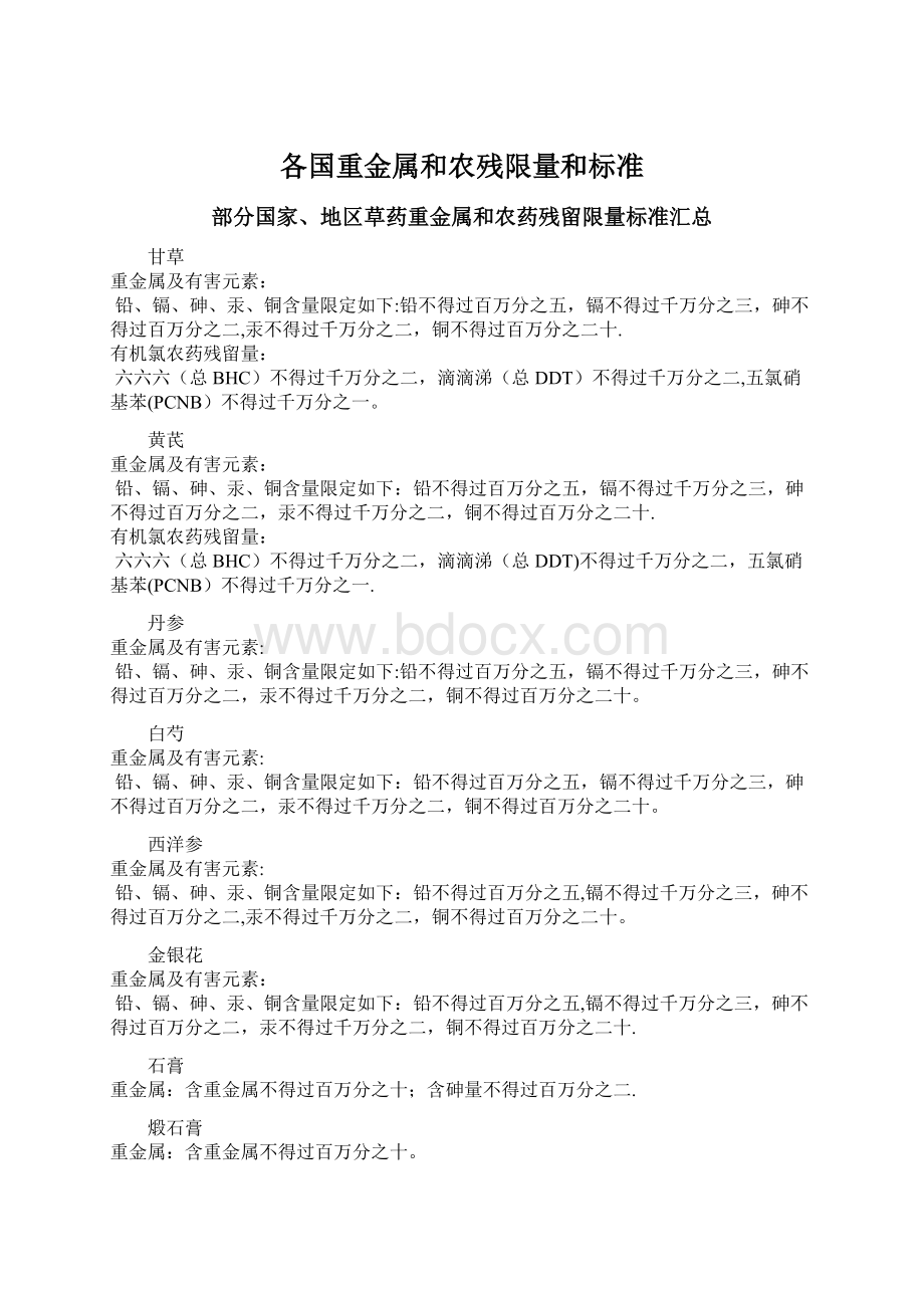 各国重金属和农残限量和标准文档格式.docx