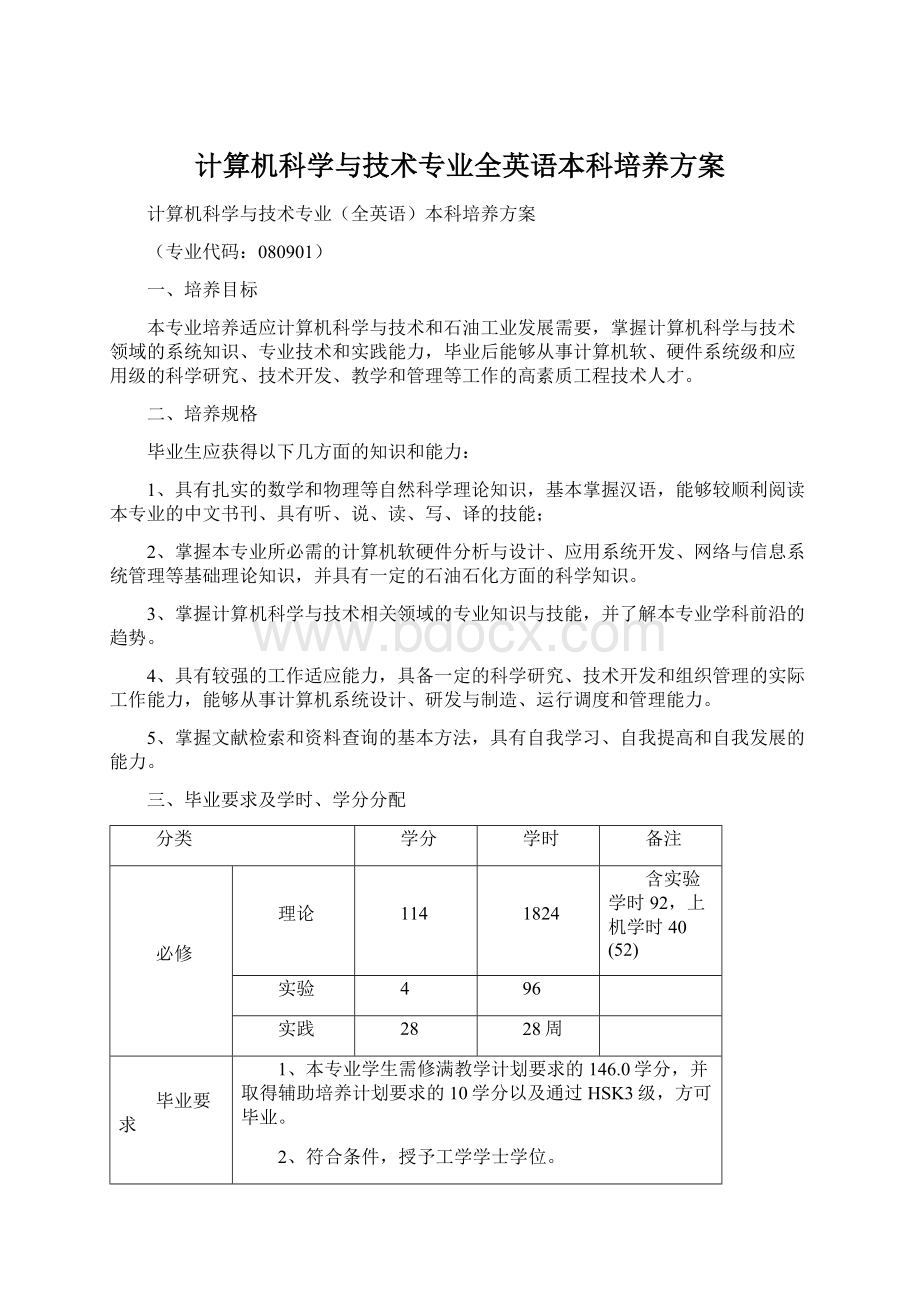 计算机科学与技术专业全英语本科培养方案Word格式文档下载.docx