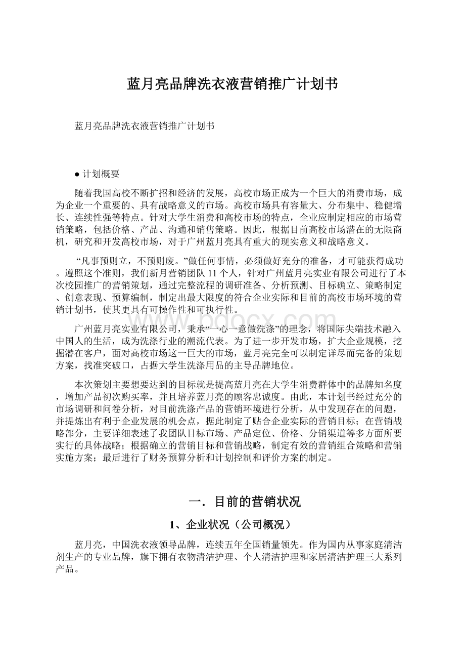 蓝月亮品牌洗衣液营销推广计划书文档格式.docx