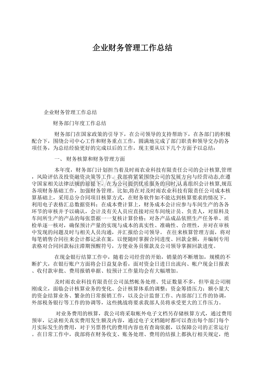 企业财务管理工作总结Word下载.docx