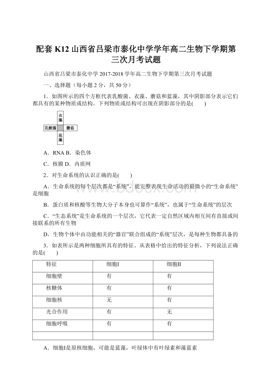 配套K12山西省吕梁市泰化中学学年高二生物下学期第三次月考试题Word文档格式.docx_第1页