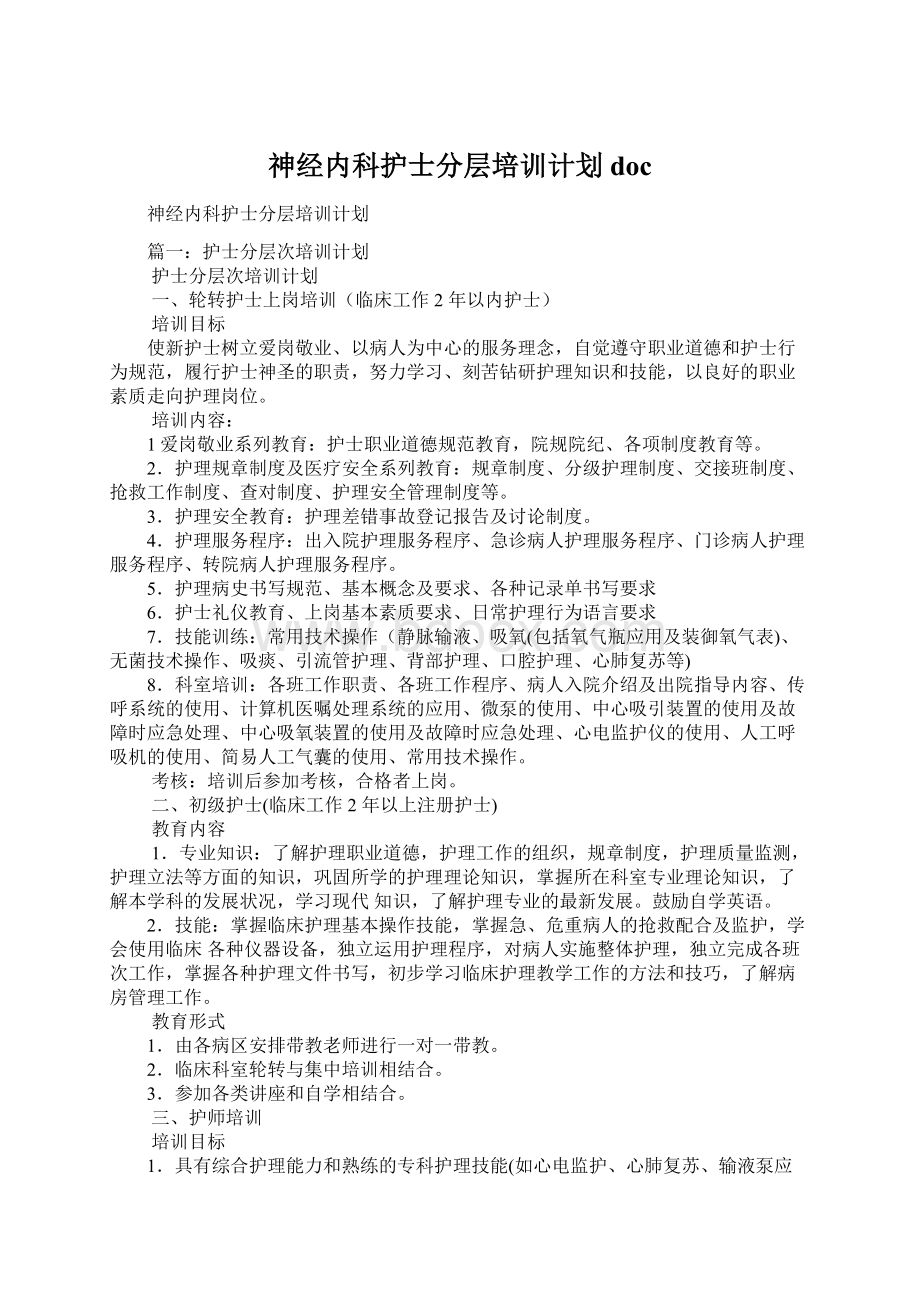 神经内科护士分层培训计划docWord文档下载推荐.docx_第1页