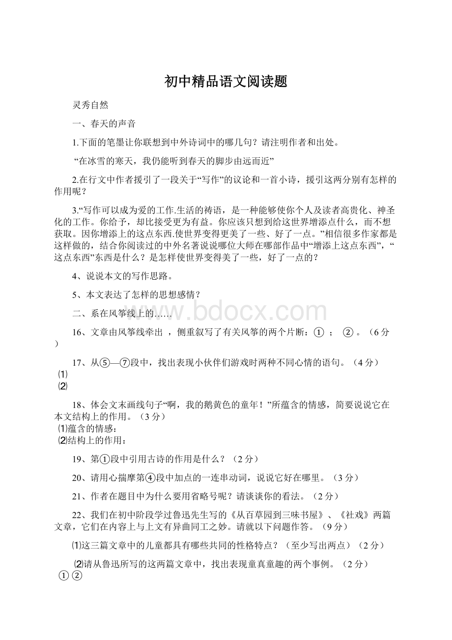 初中精品语文阅读题Word文档下载推荐.docx_第1页