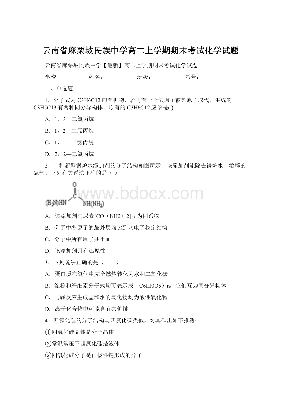 云南省麻栗坡民族中学高二上学期期末考试化学试题.docx