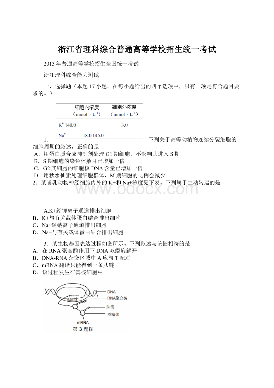 浙江省理科综合普通高等学校招生统一考试.docx_第1页