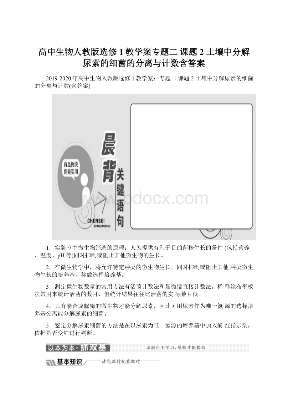 高中生物人教版选修1教学案专题二 课题2 土壤中分解尿素的细菌的分离与计数含答案文档格式.docx_第1页