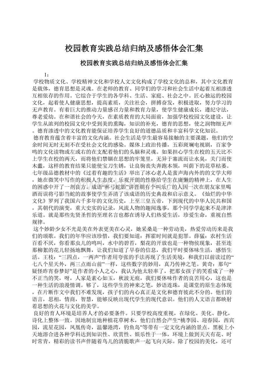 校园教育实践总结归纳及感悟体会汇集Word文档格式.docx_第1页