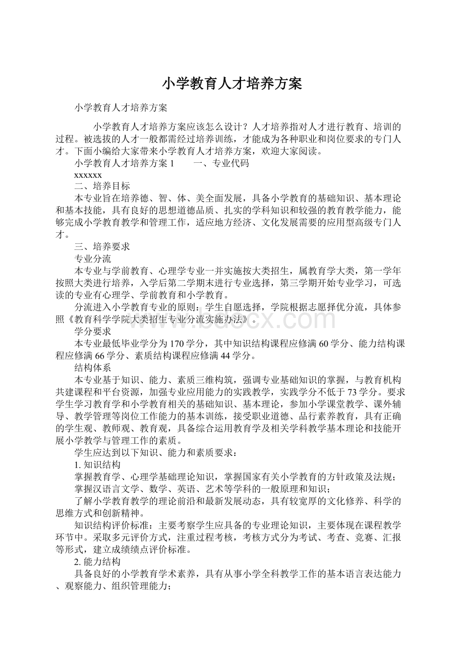 小学教育人才培养方案Word文件下载.docx