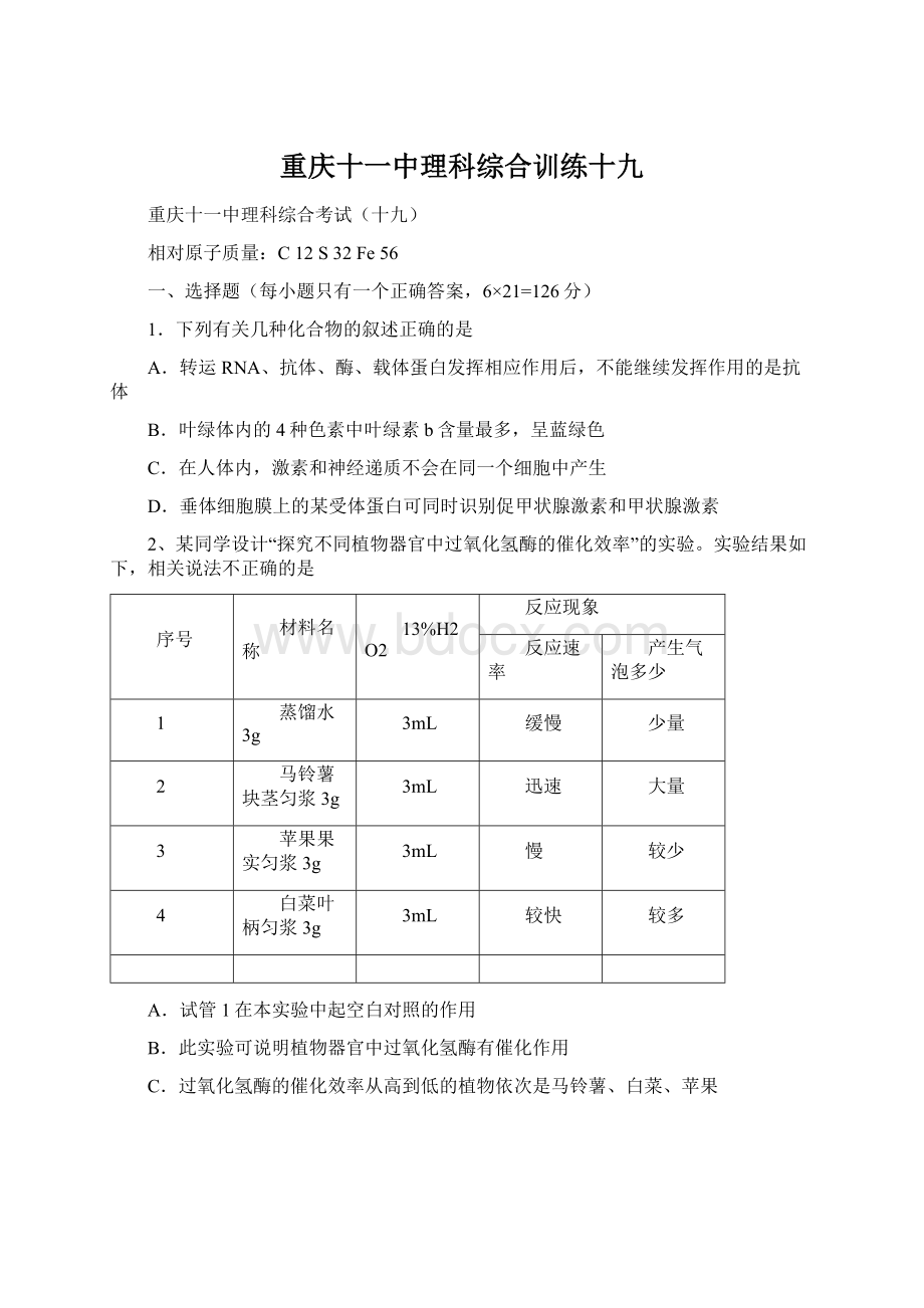 重庆十一中理科综合训练十九.docx