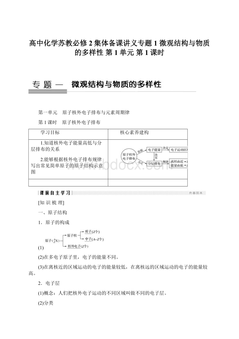 高中化学苏教必修2集体备课讲义专题1 微观结构与物质的多样性 第1单元 第1课时Word格式文档下载.docx