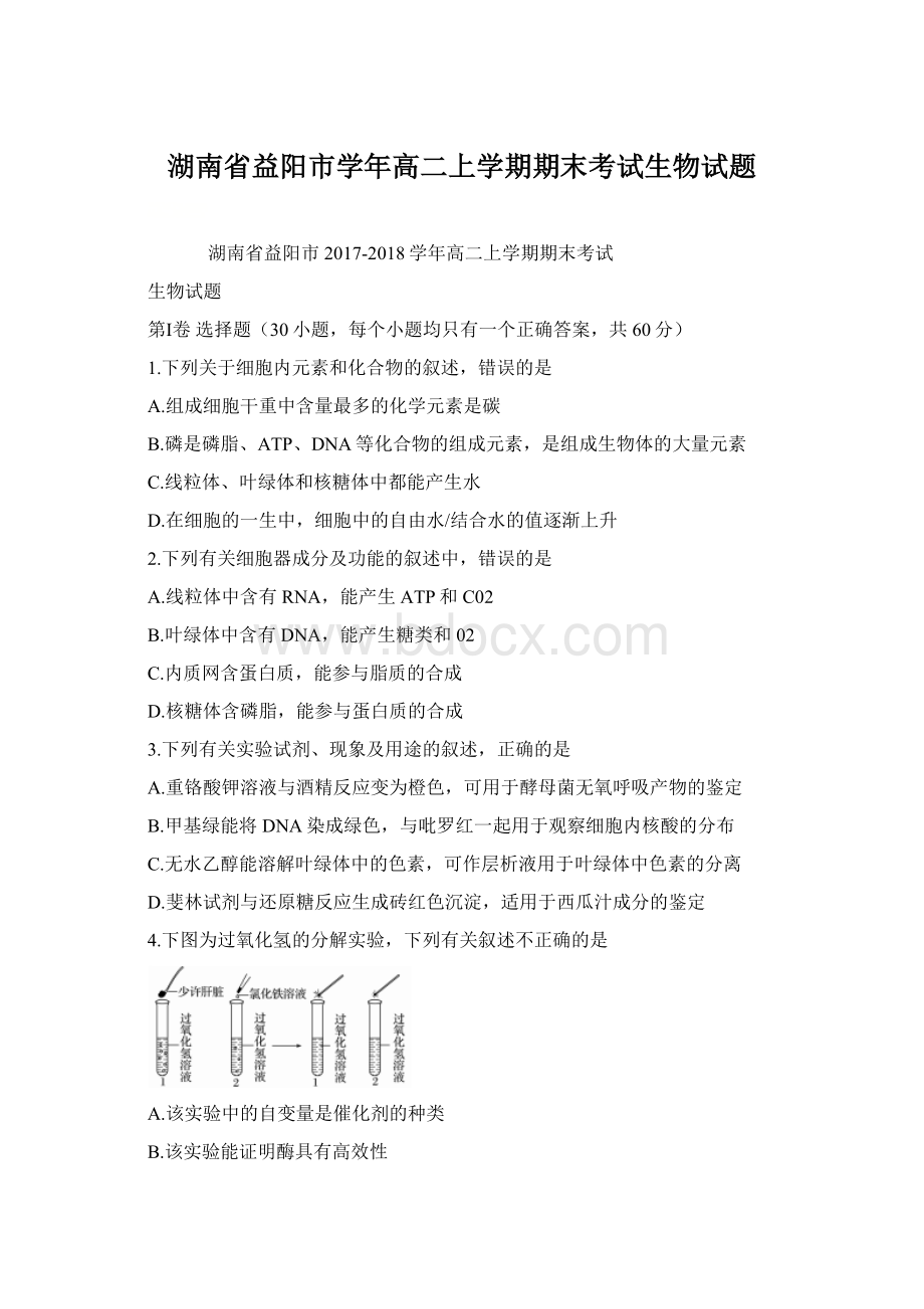 湖南省益阳市学年高二上学期期末考试生物试题文档格式.docx_第1页