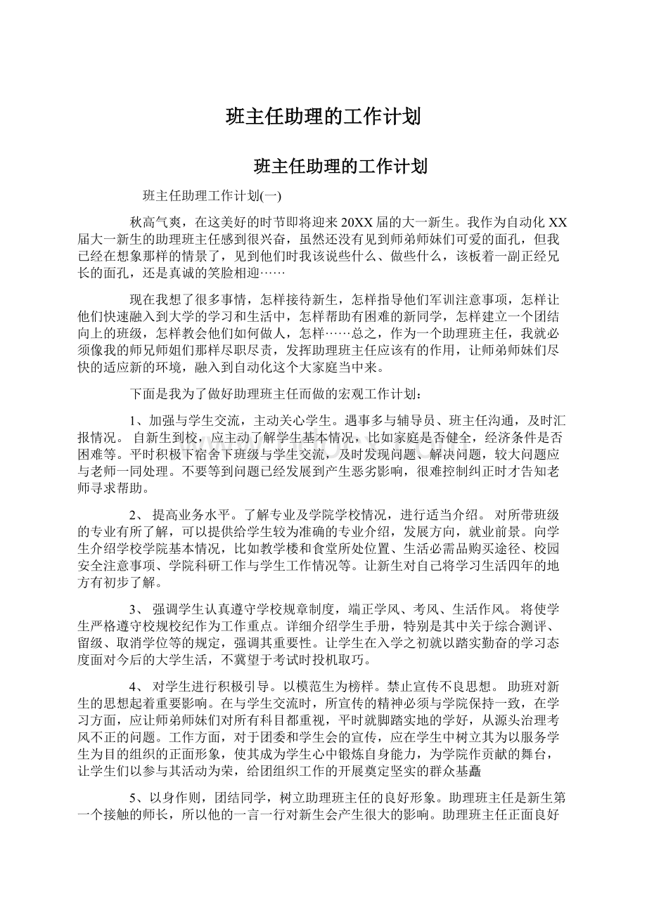 班主任助理的工作计划文档格式.docx