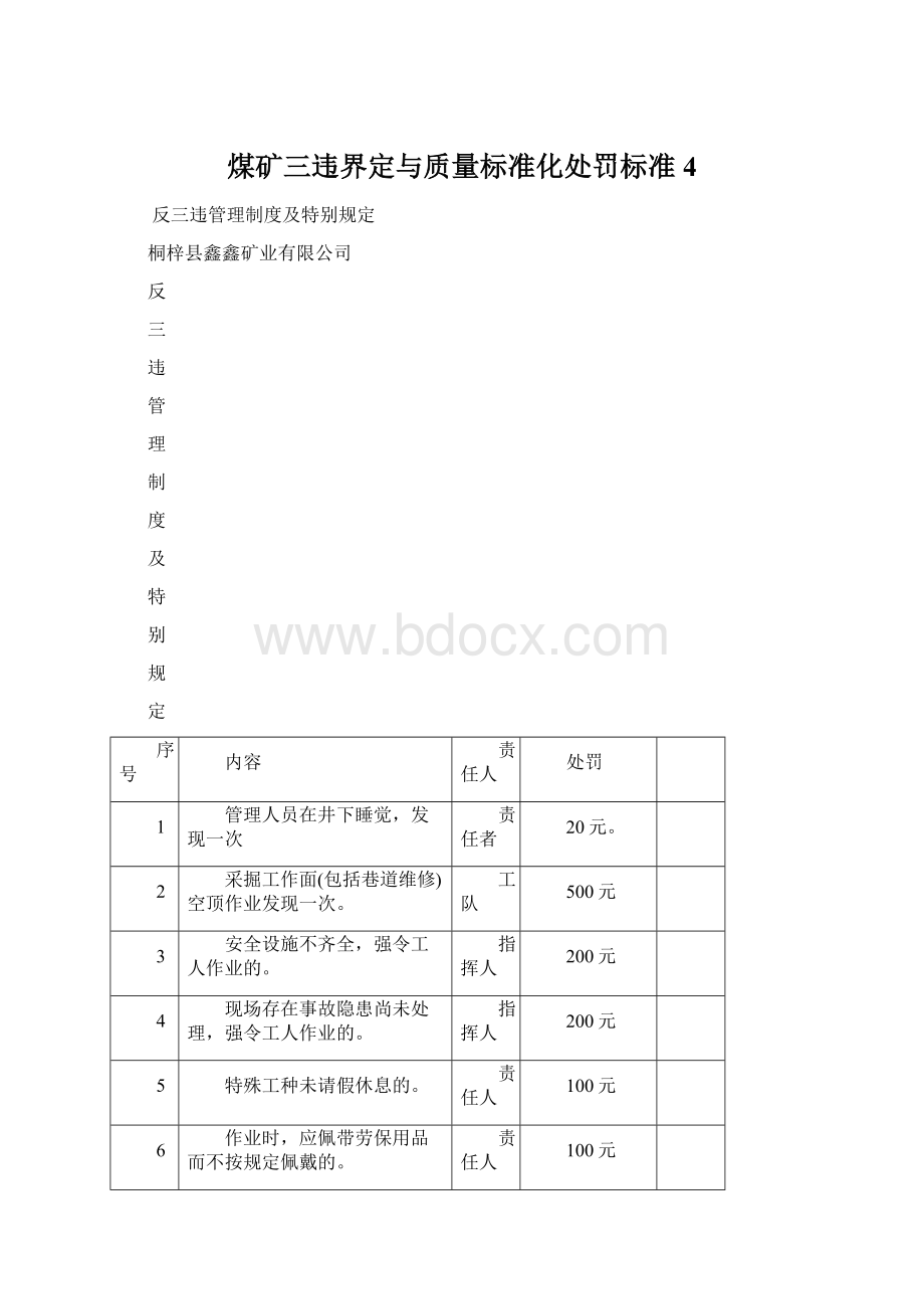 煤矿三违界定与质量标准化处罚标准4文档格式.docx