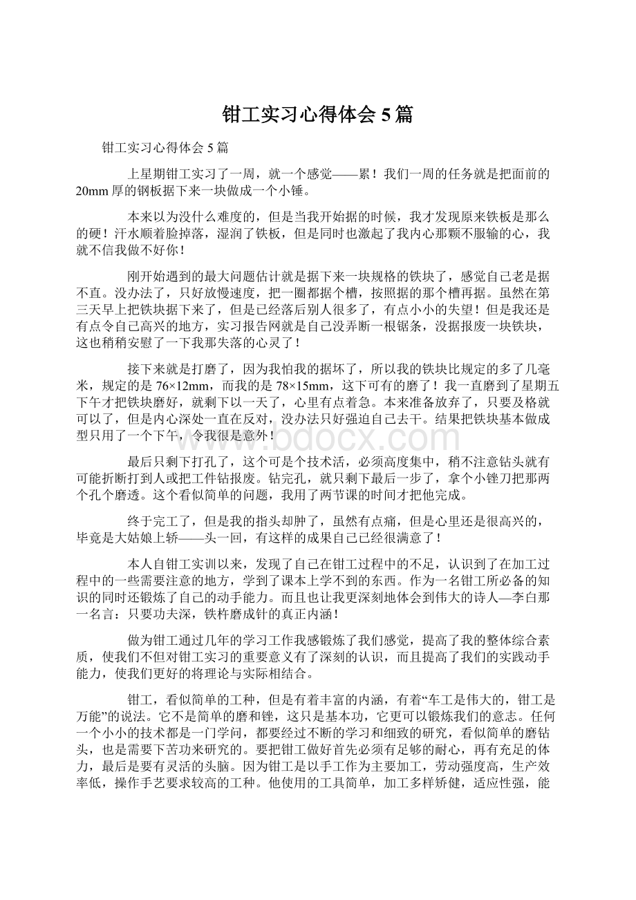 钳工实习心得体会5篇Word下载.docx