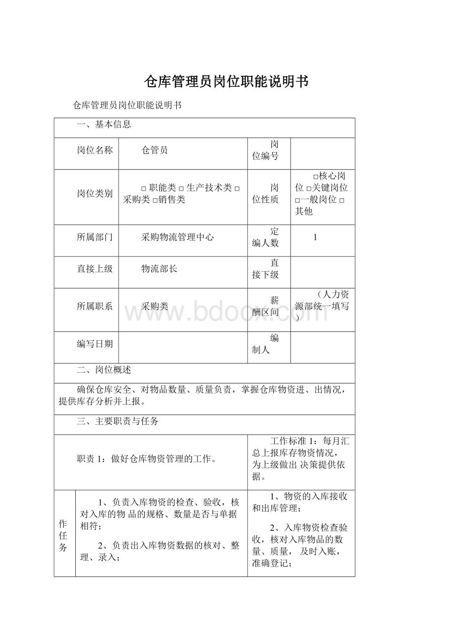 仓库管理员岗位职能说明书.docx