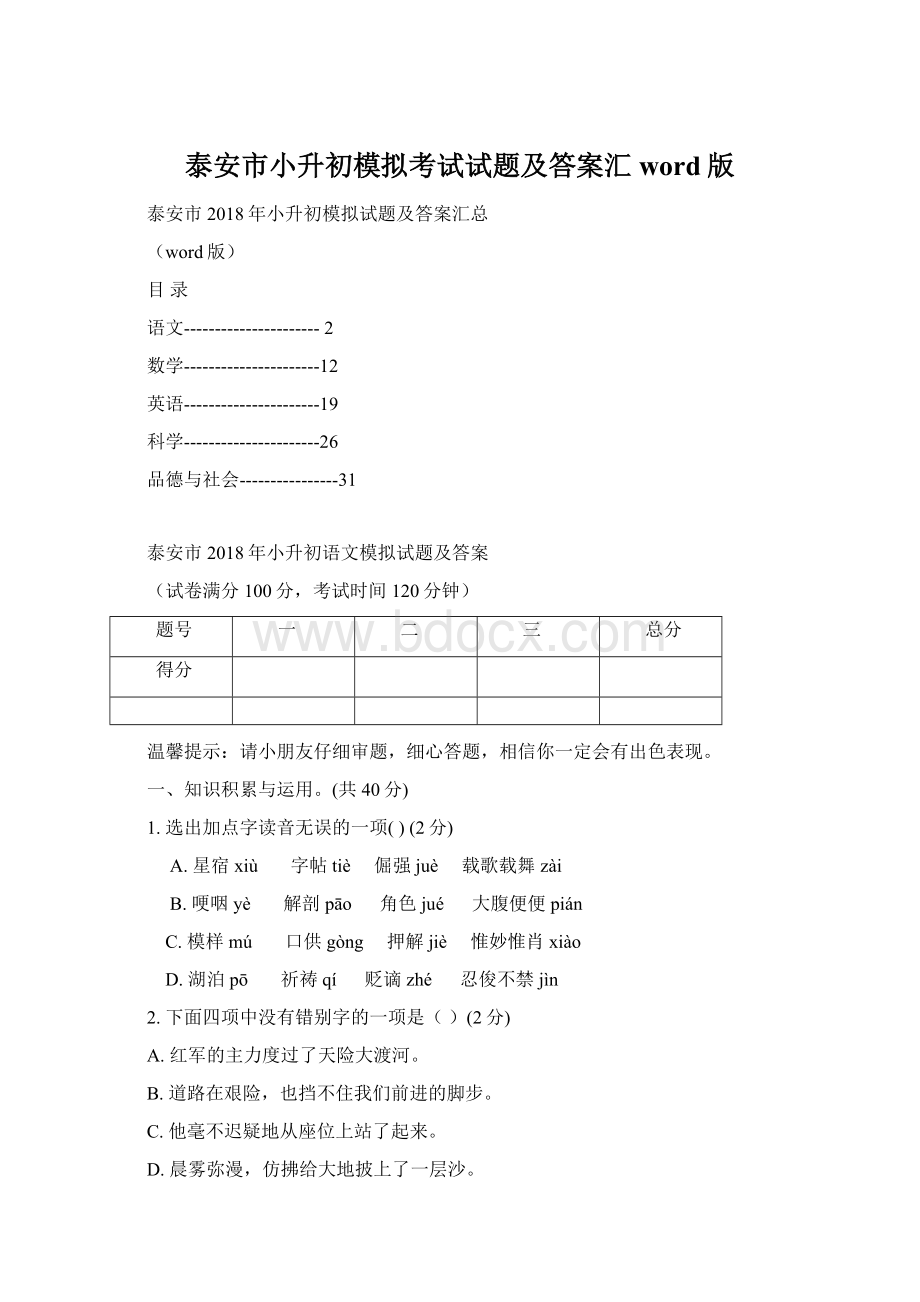 泰安市小升初模拟考试试题及答案汇word版.docx