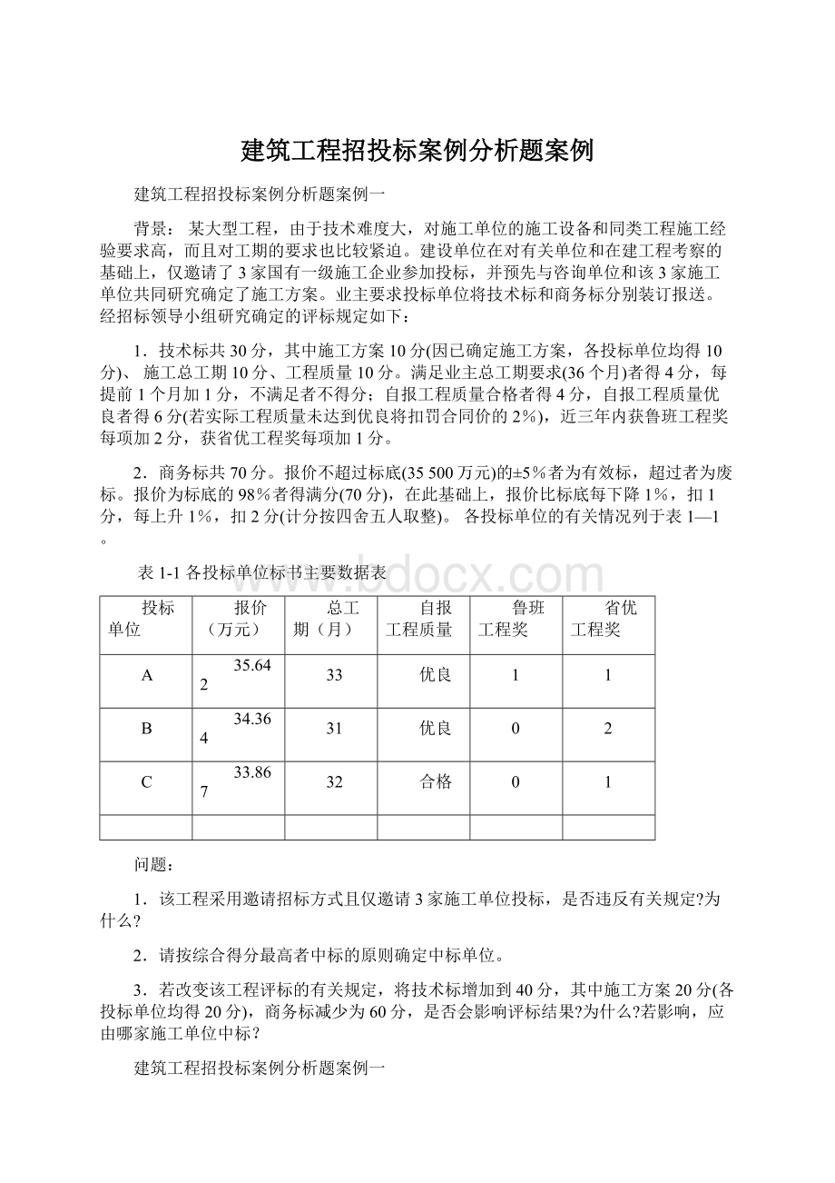 建筑工程招投标案例分析题案例Word文档下载推荐.docx