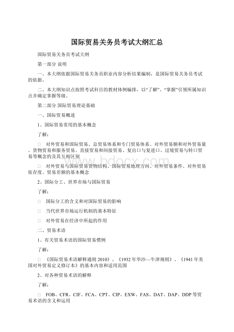 国际贸易关务员考试大纲汇总Word下载.docx_第1页