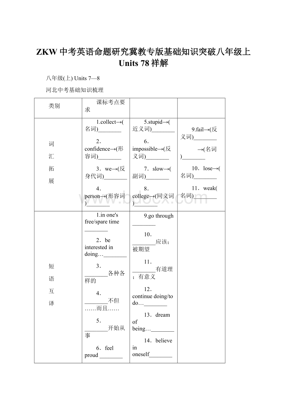 ZKW中考英语命题研究冀教专版基础知识突破八年级上 Units 78祥解.docx