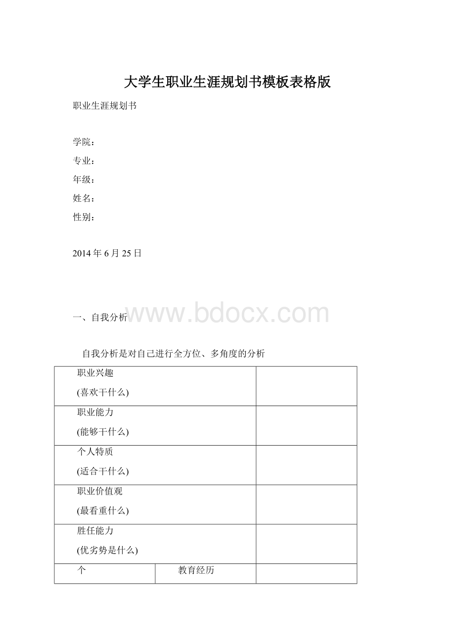 大学生职业生涯规划书模板表格版Word文档下载推荐.docx