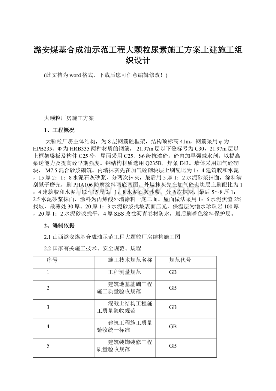 潞安煤基合成油示范工程大颗粒尿素施工方案土建施工组织设计Word格式文档下载.docx