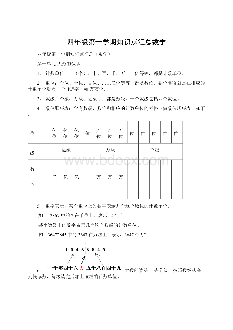 四年级第一学期知识点汇总数学.docx