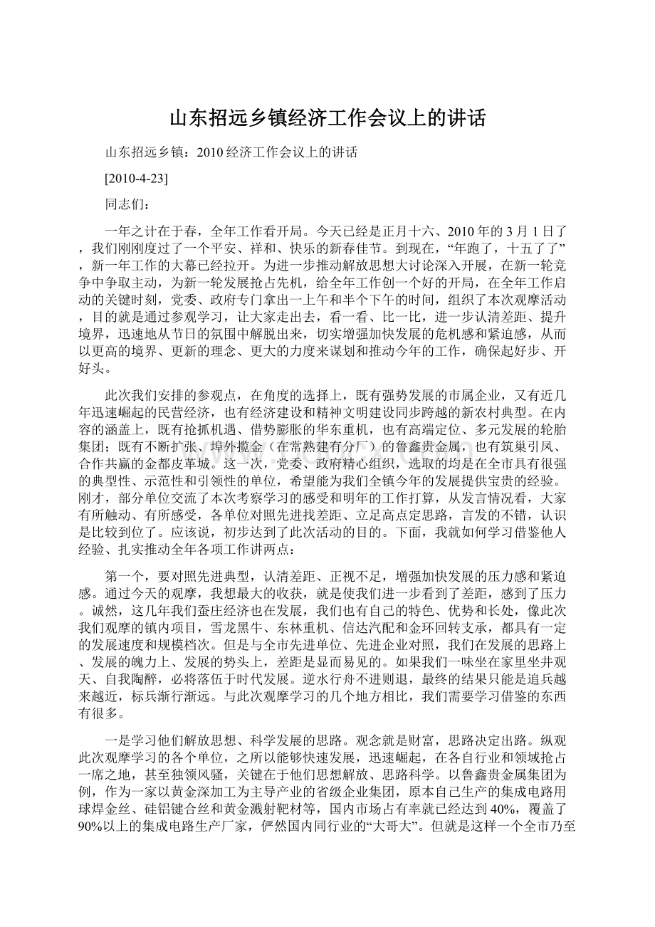 山东招远乡镇经济工作会议上的讲话.docx