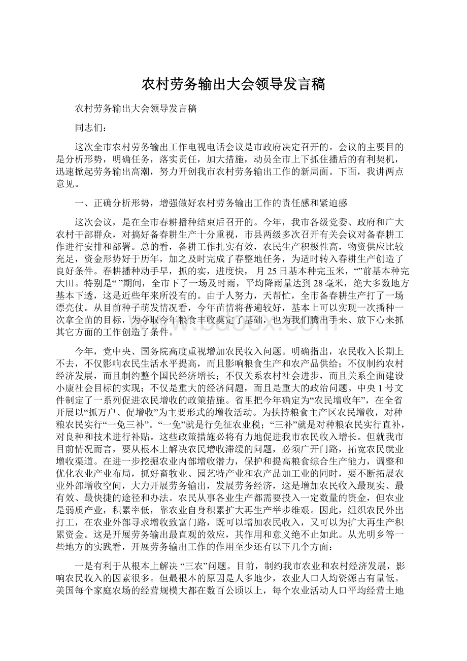 农村劳务输出大会领导发言稿Word下载.docx_第1页