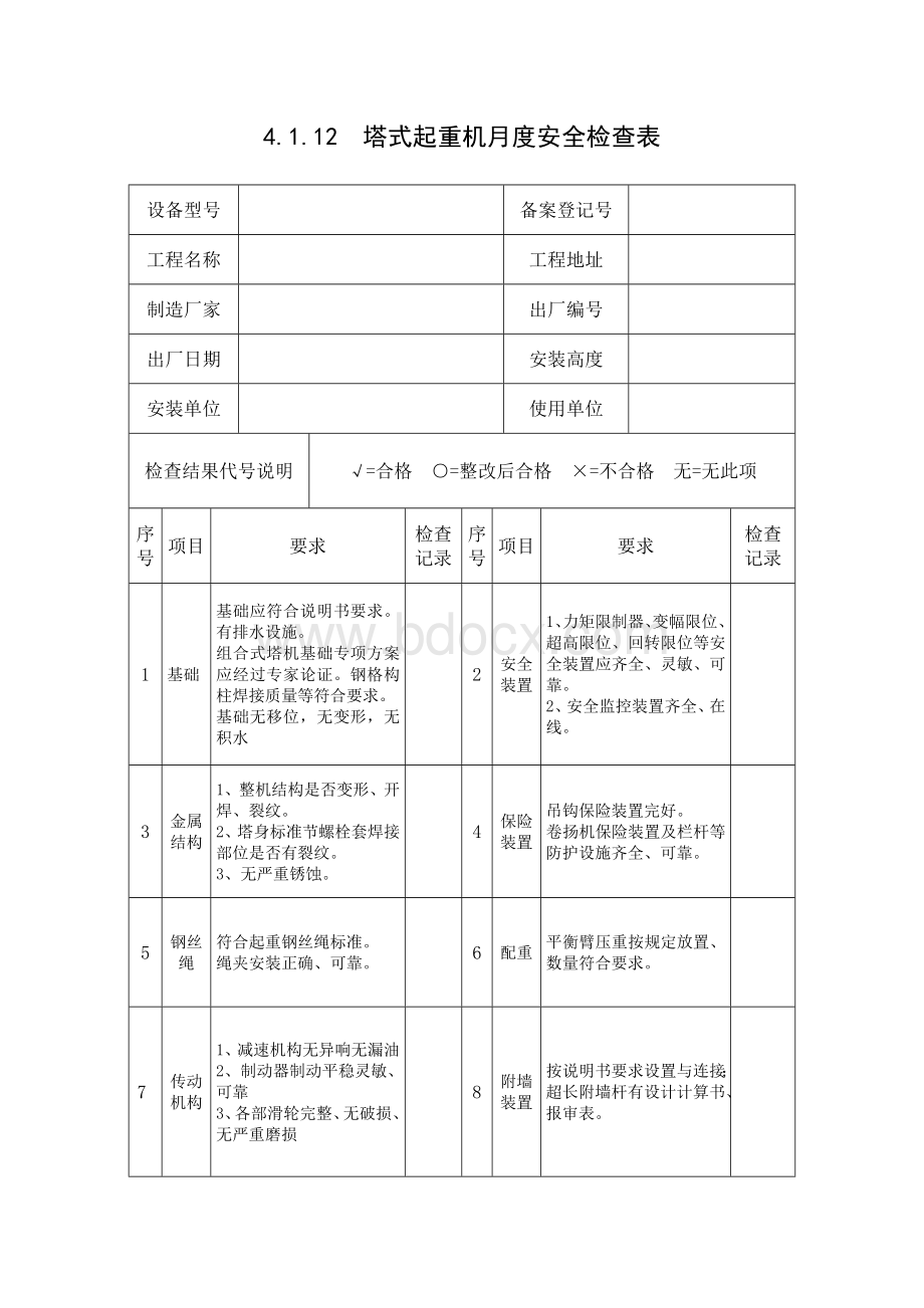 塔式起重机月度安全检查表.doc