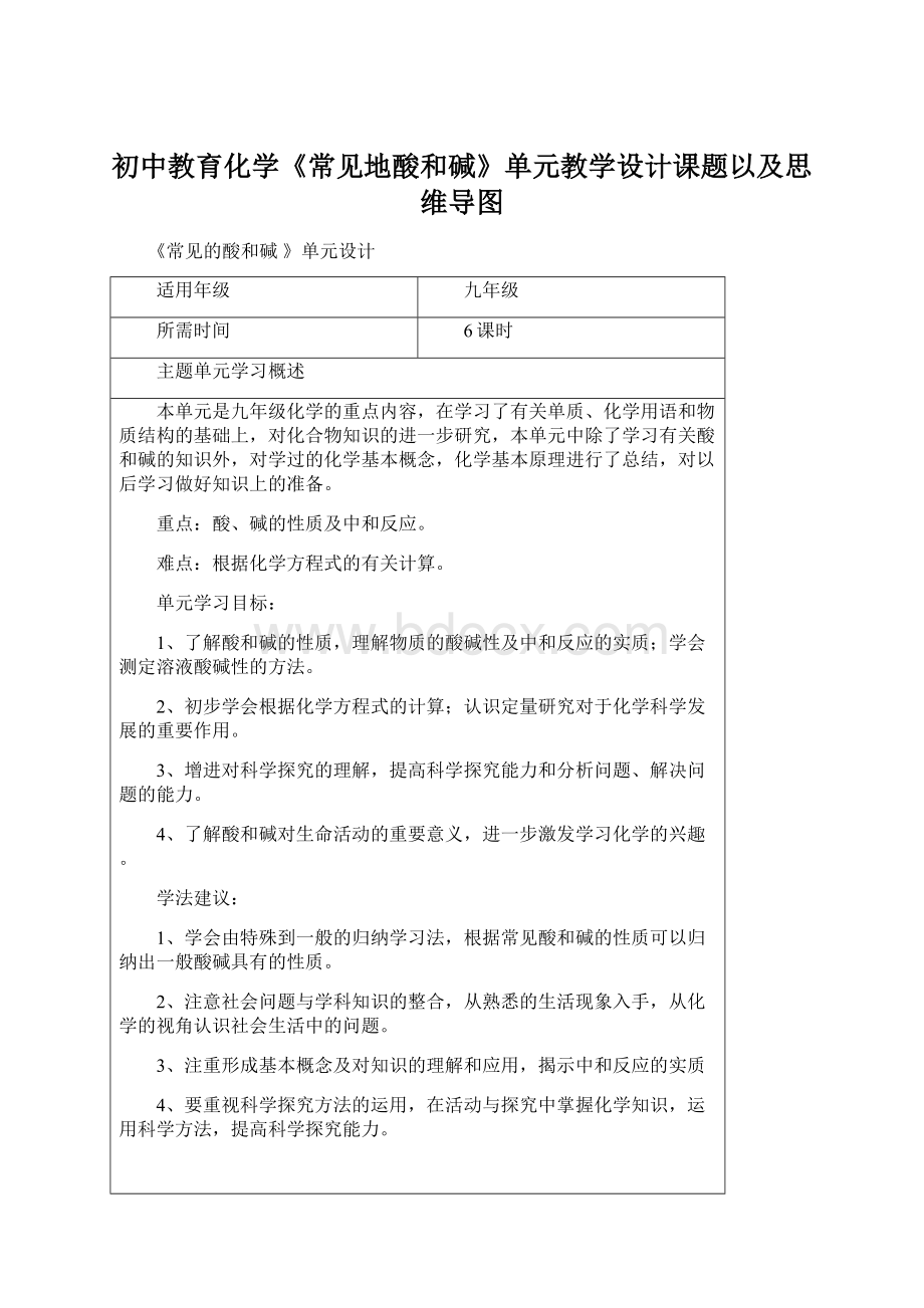 初中教育化学《常见地酸和碱》单元教学设计课题以及思维导图.docx