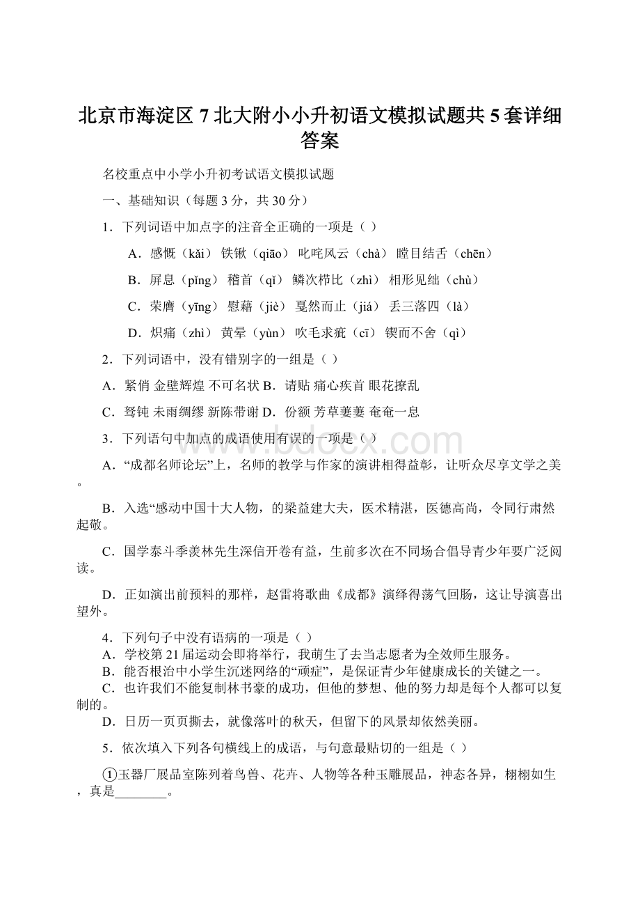 北京市海淀区7北大附小小升初语文模拟试题共5套详细答案Word文档下载推荐.docx