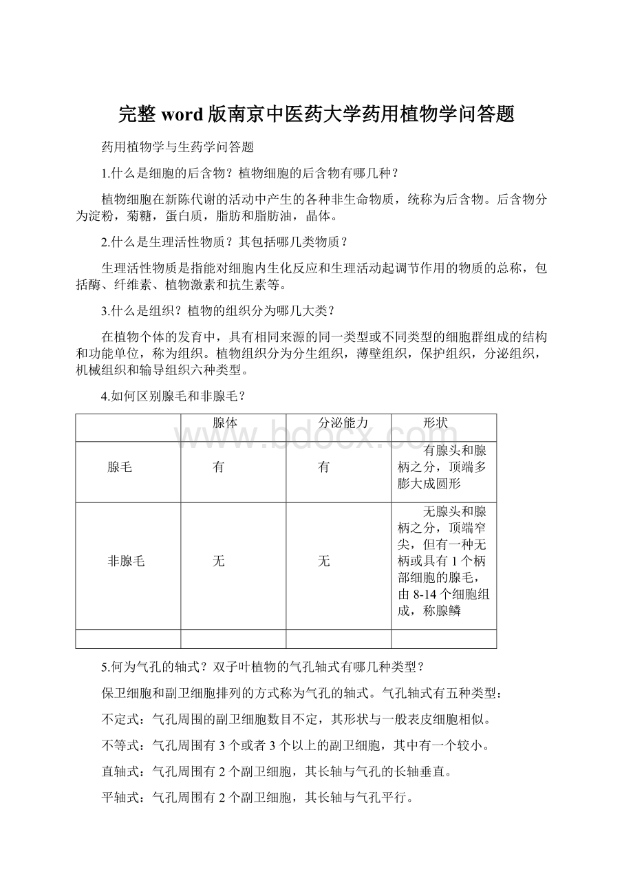 完整word版南京中医药大学药用植物学问答题Word文档格式.docx