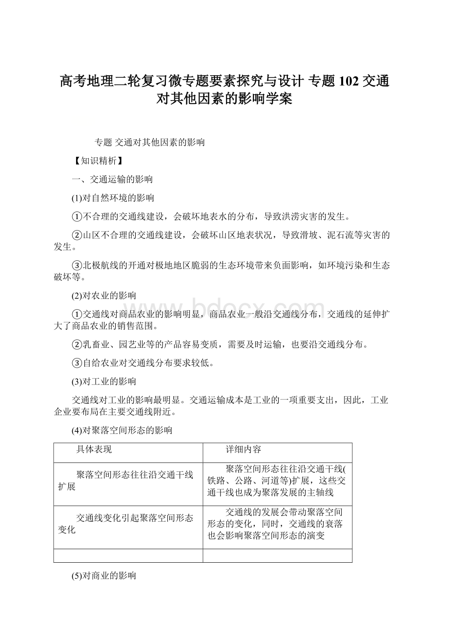 高考地理二轮复习微专题要素探究与设计 专题102 交通对其他因素的影响学案文档格式.docx